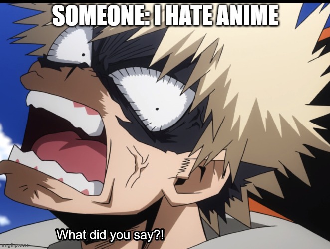 Bakugo's What did you say?! | SOMEONE: I HATE ANIME | image tagged in bakugo's what did you say | made w/ Imgflip meme maker