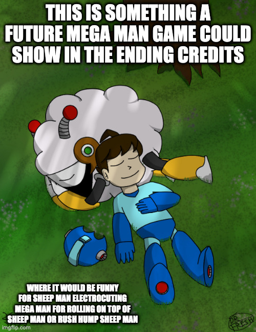 Mega Man Sleeping on Sheep Man | THIS IS SOMETHING A FUTURE MEGA MAN GAME COULD SHOW IN THE ENDING CREDITS; WHERE IT WOULD BE FUNNY FOR SHEEP MAN ELECTROCUTING MEGA MAN FOR ROLLING ON TOP OF SHEEP MAN OR RUSH HUMP SHEEP MAN | image tagged in megaman,sheepman,gaming,memes | made w/ Imgflip meme maker