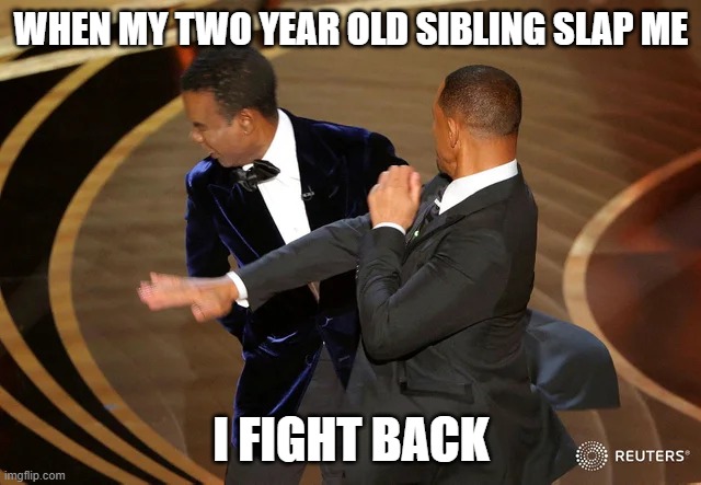 Will Smith punching Chris Rock | WHEN MY TWO YEAR OLD SIBLING SLAP ME; I FIGHT BACK | image tagged in will smith punching chris rock | made w/ Imgflip meme maker