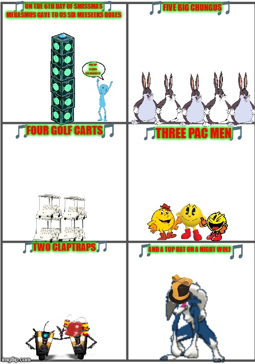 12 days of smissmas day 6 | ON THE 6TH DAY OF SMISSMAS MERASMUS GAVE TO US SIX MEESEEKS BOXES; FIVE BIG CHUNGUS; YOU TIP IT OVER YOU BOUGHT IT; FOUR GOLF CARTS; THREE PAC MEN; TWO CLAPTRAPS; AND A TOP HAT ON A NIGHT WOLF | image tagged in blank comic panel 2x3,christmas,pacman,rick and morty,big chungus,pokemon | made w/ Imgflip meme maker