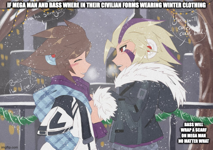 Mega Man and Bass in the Winter | IF MEGA MAN AND BASS WHERE IN THEIR CIVILIAN FORMS WEARING WINTER CLOTHING; BASS WILL WRAP A SCARF ON MEGA MAN NO MATTER WHAT | image tagged in megaman,bass,memes | made w/ Imgflip meme maker