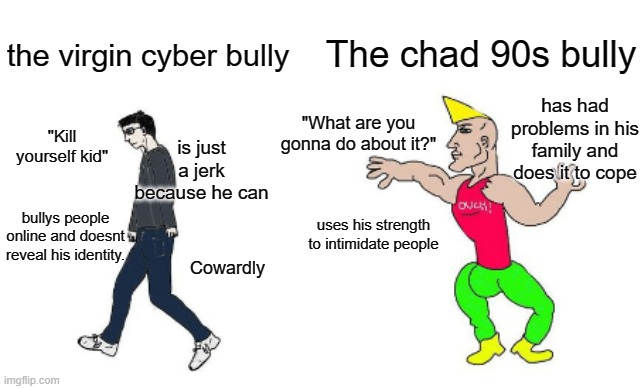 "haha your short" | The chad 90s bully; the virgin cyber bully; has had problems in his family and does it to cope; "What are you gonna do about it?"; "Kill yourself kid"; is just a jerk because he can; bullys people online and doesnt reveal his identity. uses his strength to intimidate people; Cowardly | image tagged in virgin vs chad | made w/ Imgflip meme maker