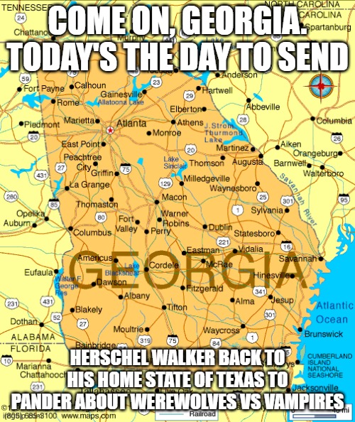State of Georgia | COME ON, GEORGIA. TODAY'S THE DAY TO SEND; HERSCHEL WALKER BACK TO HIS HOME STATE OF TEXAS TO PANDER ABOUT WEREWOLVES VS VAMPIRES | image tagged in state of georgia | made w/ Imgflip meme maker