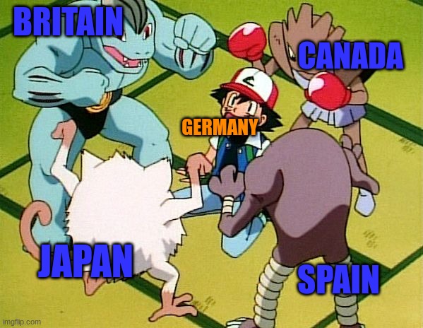 MC | BRITAIN; CANADA; GERMANY; SPAIN; JAPAN | image tagged in pokemon gang | made w/ Imgflip meme maker