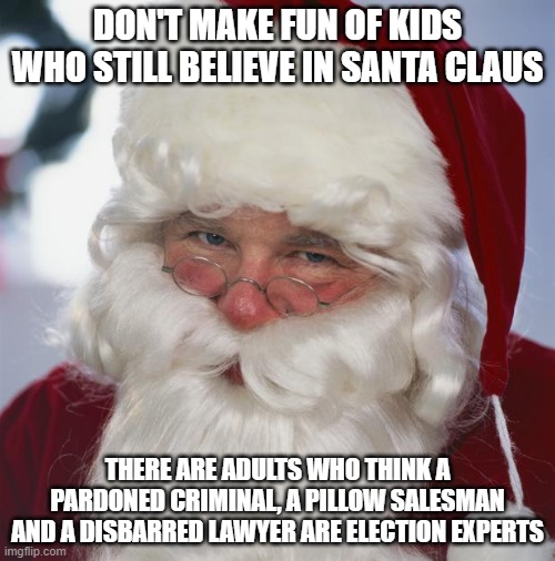santa claus | DON'T MAKE FUN OF KIDS WHO STILL BELIEVE IN SANTA CLAUS; THERE ARE ADULTS WHO THINK A PARDONED CRIMINAL, A PILLOW SALESMAN AND A DISBARRED LAWYER ARE ELECTION EXPERTS | image tagged in santa claus | made w/ Imgflip meme maker