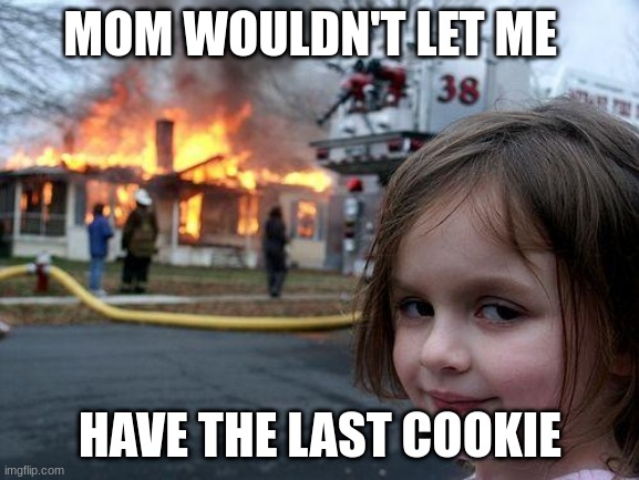 Disaster Girl Meme | MOM WOULDN'T LET ME; HAVE THE LAST COOKIE | image tagged in memes,disaster girl | made w/ Imgflip meme maker