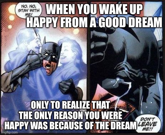 Batman don't leave me | WHEN YOU WAKE UP HAPPY FROM A GOOD DREAM; ONLY TO REALIZE THAT THE ONLY REASON YOU WERE HAPPY WAS BECAUSE OF THE DREAM | image tagged in batman don't leave me | made w/ Imgflip meme maker
