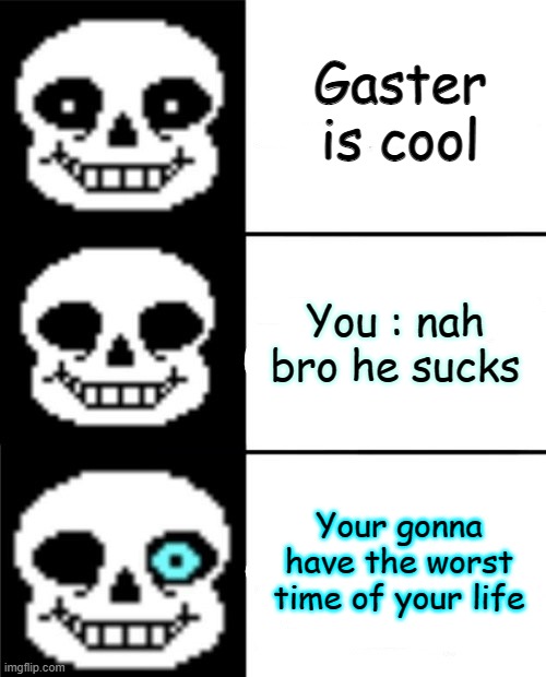 sans | Gaster is cool; You : nah bro he sucks; Your gonna have the worst time of your life | image tagged in sans | made w/ Imgflip meme maker