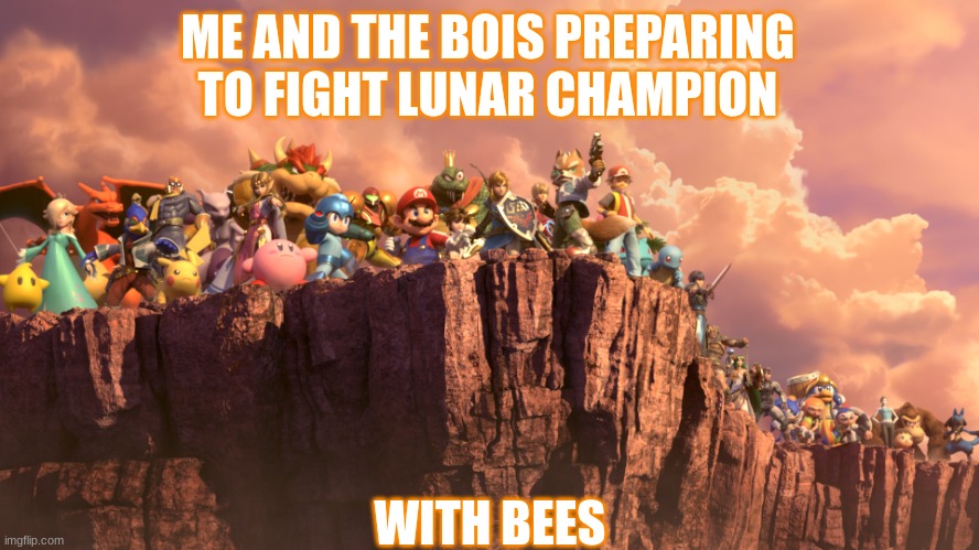 me and the boys smash bros | ME AND THE BOIS PREPARING TO FIGHT LUNAR CHAMPION; WITH BEES | image tagged in me and the boys smash bros | made w/ Imgflip meme maker