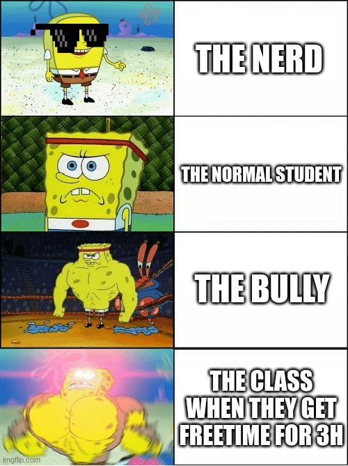 Sponge Finna Commit Muder | THE NERD; THE NORMAL STUDENT; THE BULLY; THE CLASS WHEN THEY GET FREETIME FOR 3H | image tagged in sponge finna commit muder | made w/ Imgflip meme maker