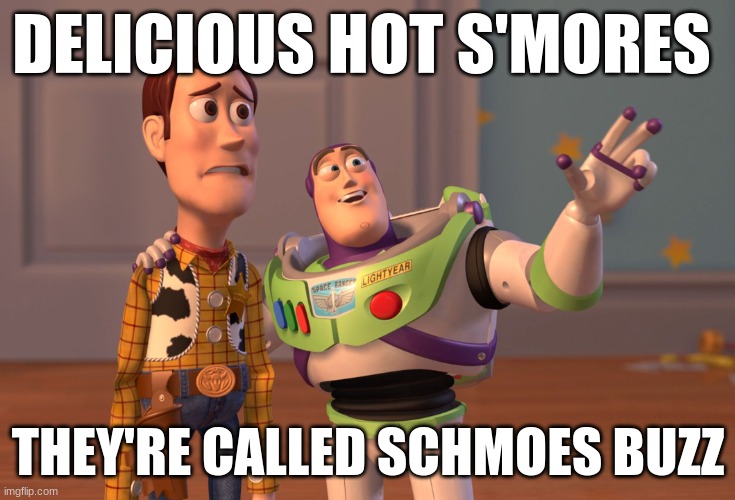 X, X Everywhere | DELICIOUS HOT S'MORES; THEY'RE CALLED SCHMOES BUZZ | image tagged in memes,x x everywhere | made w/ Imgflip meme maker