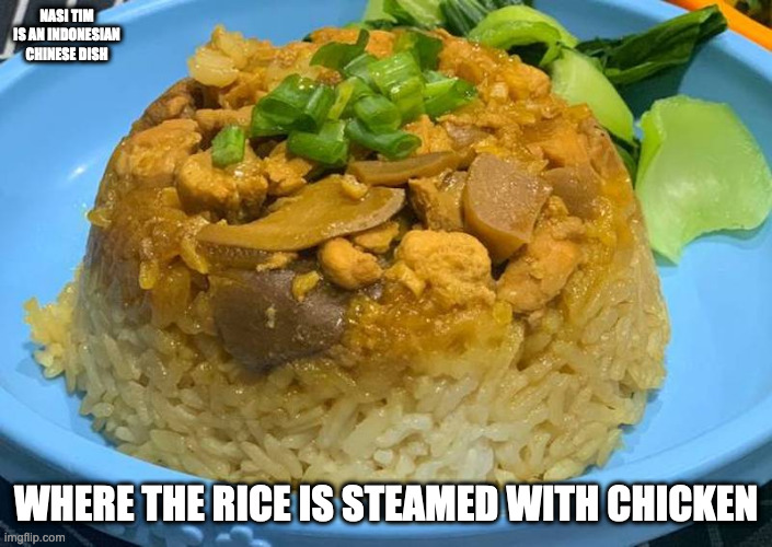 Nasi Tim | NASI TIM IS AN INDONESIAN CHINESE DISH; WHERE THE RICE IS STEAMED WITH CHICKEN | image tagged in food,memes | made w/ Imgflip meme maker