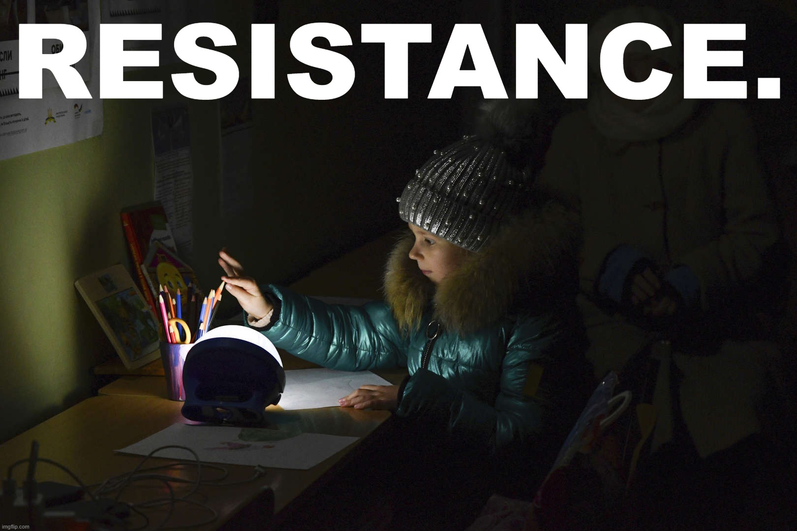 Alexandra, 11, at a "Point of Invincibility" for civilians to recharge, eat a hot meal, and warm up. [Kramatorsk, Ukr., 12/5/22] | RESISTANCE. | image tagged in ukraine point of invincibility,ukraine,ukrainian lives matter,resistance,resilience,defiance | made w/ Imgflip meme maker