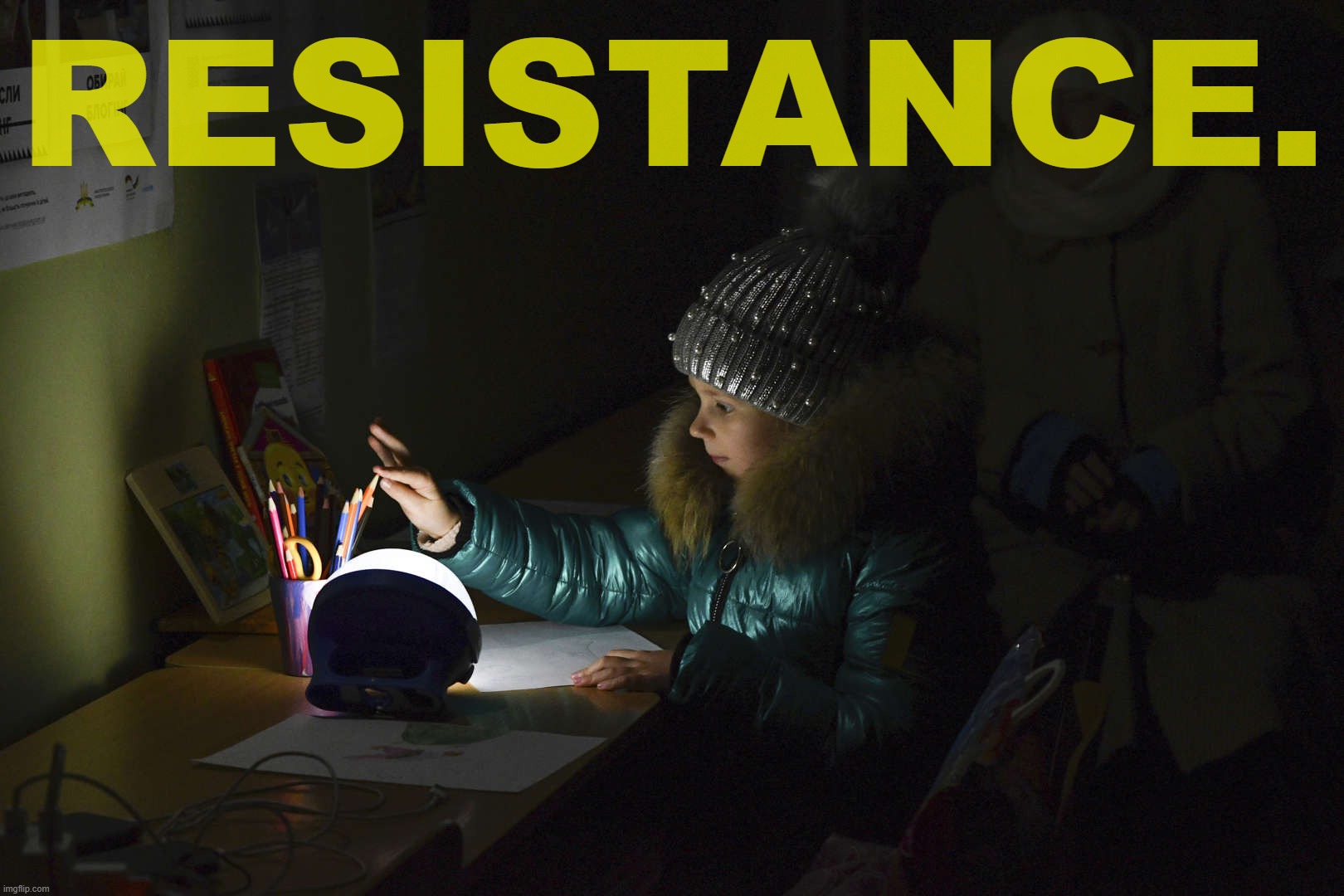 Alexandra, 11, at a "Point of Invincibility" for civilians to recharge, eat a hot meal, and warm up. [Kramatorsk, Ukr., 12/5/22] | RESISTANCE. | image tagged in ukraine point of invincibility,ukraine,ukrainian lives matter,resistance,resilience,defiance | made w/ Imgflip meme maker