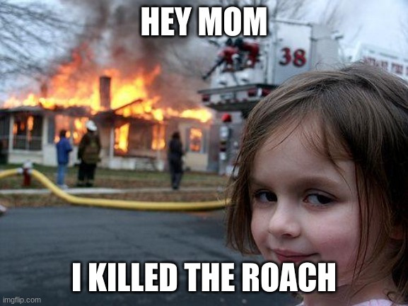 Disaster Girl Meme | HEY MOM I KILLED THE ROACH | image tagged in memes,disaster girl | made w/ Imgflip meme maker