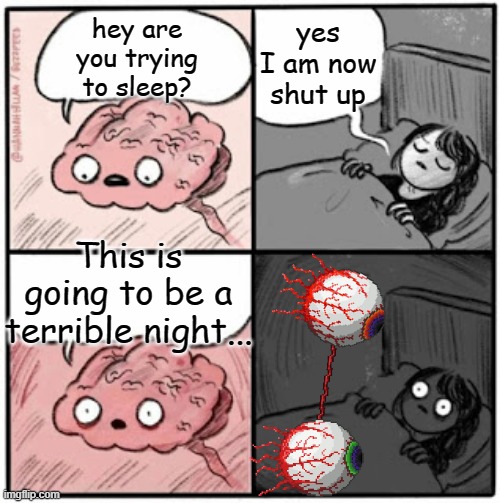the twins |  yes I am now shut up; hey are you trying to sleep? This is going to be a terrible night... | image tagged in brain before sleep | made w/ Imgflip meme maker
