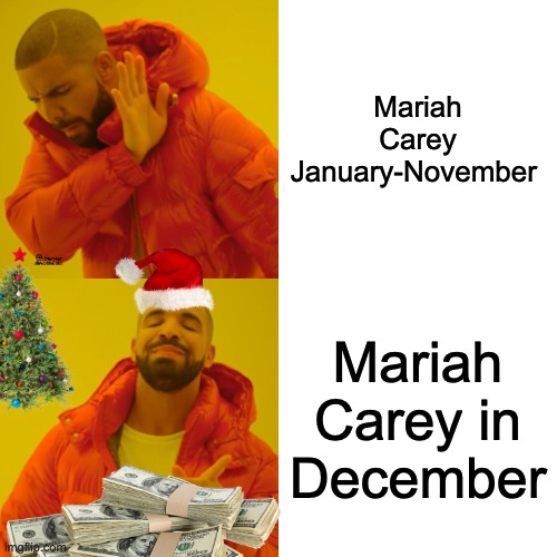 All I want for christmas | Mariah Carey January-November; Mariah Carey in December | image tagged in memes,drake hotline bling,mariah carey,merry christmas,funny,imgflip | made w/ Imgflip meme maker