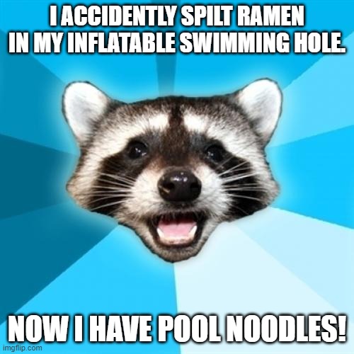 Lame Pun Coon? More like Dad Joke Coon! | I ACCIDENTLY SPILT RAMEN IN MY INFLATABLE SWIMMING HOLE. NOW I HAVE POOL NOODLES! | image tagged in memes,lame pun coon,swimming pool,dad jokes | made w/ Imgflip meme maker