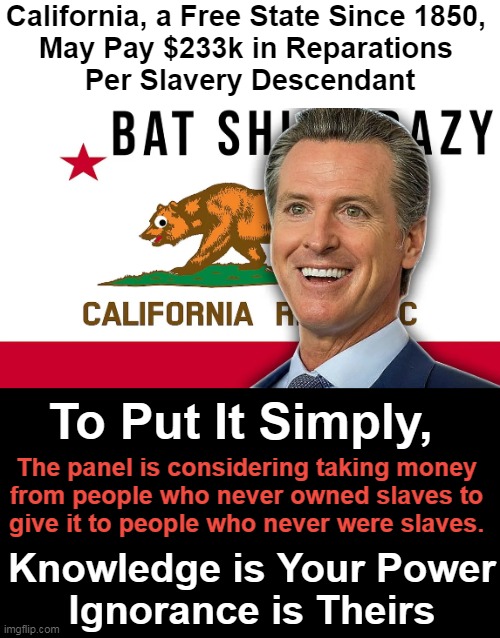 California Scheming | California, a Free State Since 1850, 
May Pay $233k in Reparations 
Per Slavery Descendant; To Put It Simply, The panel is considering taking money 
from people who never owned slaves to 
give it to people who never were slaves. Knowledge is Your Power
Ignorance is Theirs | image tagged in politics,crazy california,california,dreaming,reparations,liberalism | made w/ Imgflip meme maker