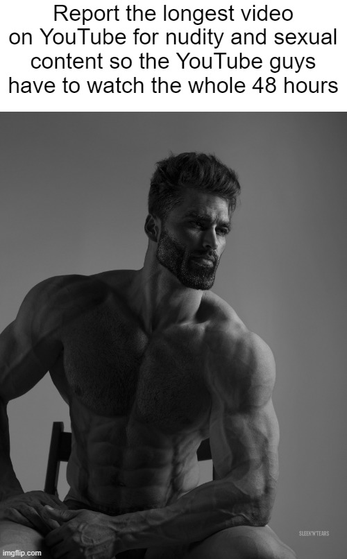Giga Chad | Report the longest video on YouTube for nudity and sexual content so the YouTube guys have to watch the whole 48 hours | image tagged in giga chad | made w/ Imgflip meme maker
