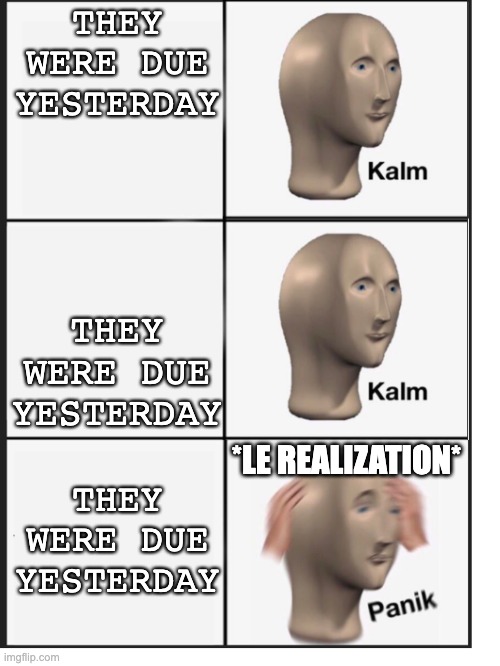 Kalm Kalm Panic | THEY WERE DUE YESTERDAY THEY WERE DUE YESTERDAY THEY WERE DUE YESTERDAY *LE REALIZATION* | image tagged in kalm kalm panic | made w/ Imgflip meme maker