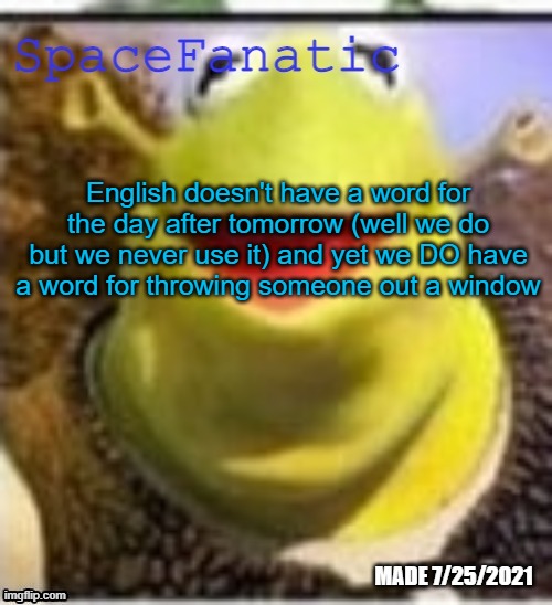 I will defenestrate myself | English doesn't have a word for the day after tomorrow (well we do but we never use it) and yet we DO have a word for throwing someone out a window | image tagged in spacefanatic announcement temp | made w/ Imgflip meme maker