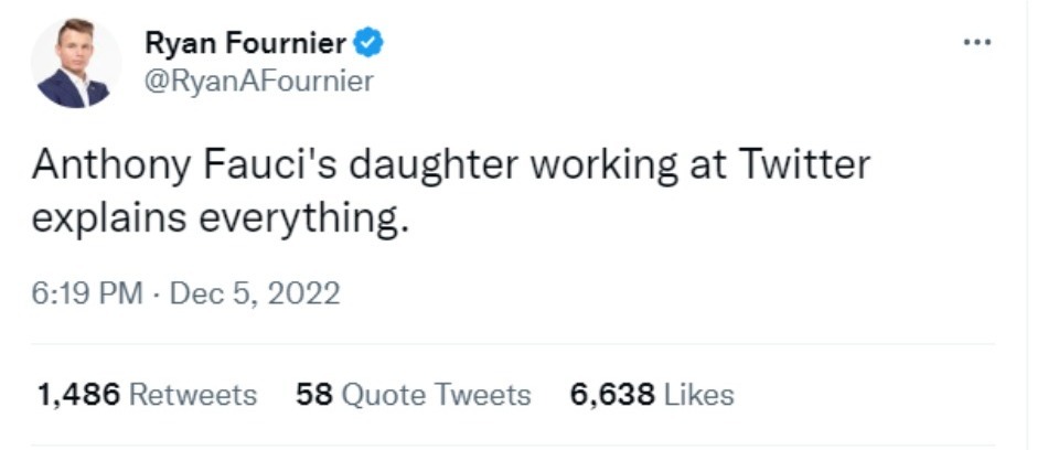 Anthony Fauci's daughter working at twitter explains everything | image tagged in ryan fournier,tweet,anthony fauci,dr death,dr evil,criminal minds | made w/ Imgflip meme maker
