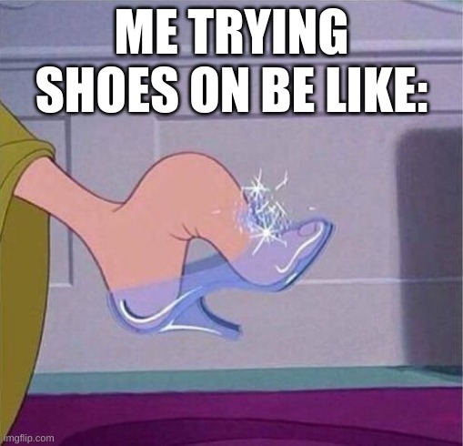 Cinderella shoe | ME TRYING SHOES ON BE LIKE: | image tagged in cinderella shoe | made w/ Imgflip meme maker