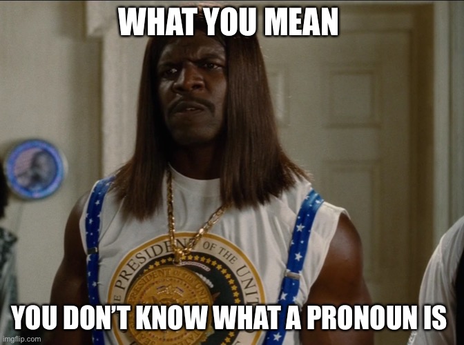 Terry Crews President Camacho | WHAT YOU MEAN; YOU DON’T KNOW WHAT A PRONOUN IS | image tagged in terry crews president camacho | made w/ Imgflip meme maker