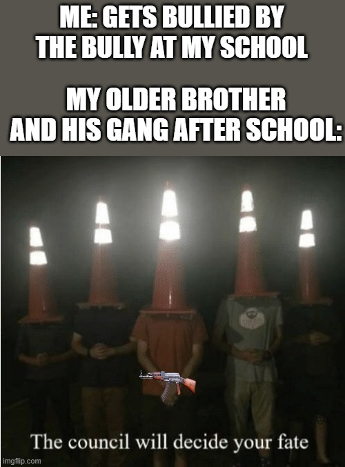 The council will decide your fate | ME: GETS BULLIED BY THE BULLY AT MY SCHOOL; MY OLDER BROTHER AND HIS GANG AFTER SCHOOL: | image tagged in the council will decide your fate | made w/ Imgflip meme maker