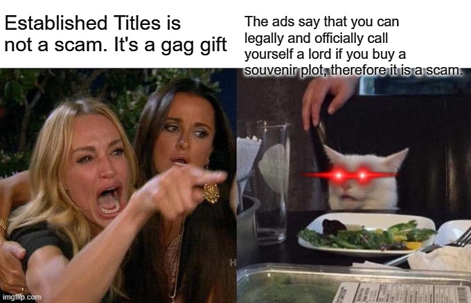 Woman Yelling At Cat | Established Titles is not a scam. It's a gag gift; The ads say that you can legally and officially call yourself a lord if you buy a souvenir plot, therefore it is a scam. | image tagged in memes,woman yelling at cat | made w/ Imgflip meme maker