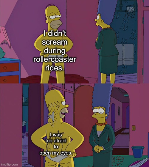 I won't be going to rollercoaster rides again | I didn't scream during rollercoaster rides. I was too afraid to open my eyes. | image tagged in homer simpson's back fat | made w/ Imgflip meme maker