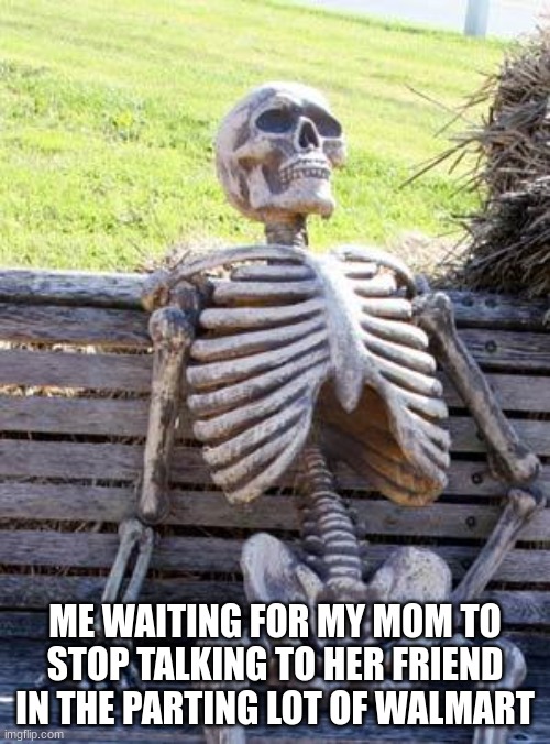 Just me? | ME WAITING FOR MY MOM TO STOP TALKING TO HER FRIEND IN THE PARKING LOT OF WALMART | image tagged in memes,waiting skeleton,walmart,mom,friends | made w/ Imgflip meme maker