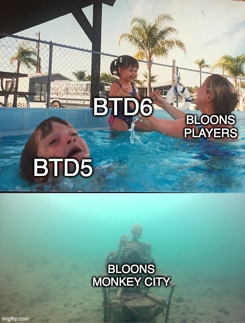 bloons games | BTD6; BLOONS PLAYERS; BTD5; BLOONS MONKEY CITY | image tagged in mother ignoring kid drowning in a pool | made w/ Imgflip meme maker