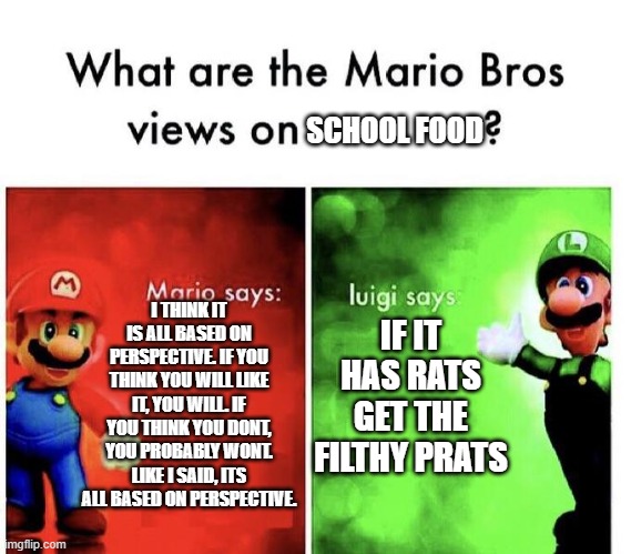 Mario Bros Views | SCHOOL FOOD; I THINK IT IS ALL BASED ON PERSPECTIVE. IF YOU THINK YOU WILL LIKE IT, YOU WILL. IF YOU THINK YOU DONT, YOU PROBABLY WONT. LIKE I SAID, ITS ALL BASED ON PERSPECTIVE. IF IT HAS RATS GET THE FILTHY PRATS | image tagged in mario bros views | made w/ Imgflip meme maker
