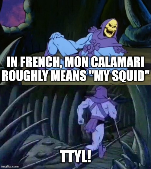 Seriously look it up | IN FRENCH, MON CALAMARI ROUGHLY MEANS "MY SQUID"; TTYL! | image tagged in skeletor disturbing facts,mon calamari,french,admiral ackbar,it's a trap | made w/ Imgflip meme maker