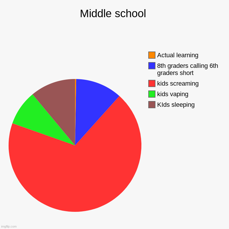 middle school | Middle school | KIds sleeping, kids vaping, kids screaming, 8th graders calling 6th graders short, Actual learning | image tagged in charts,pie charts | made w/ Imgflip chart maker