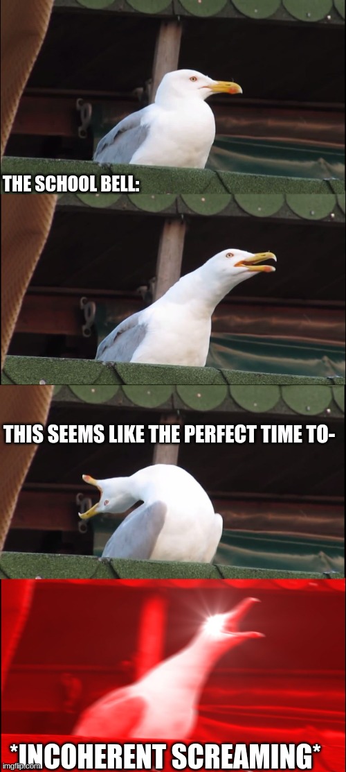 Inhaling Seagull | THE SCHOOL BELL:; THIS SEEMS LIKE THE PERFECT TIME TO-; *INCOHERENT SCREAMING* | image tagged in memes,inhaling seagull | made w/ Imgflip meme maker