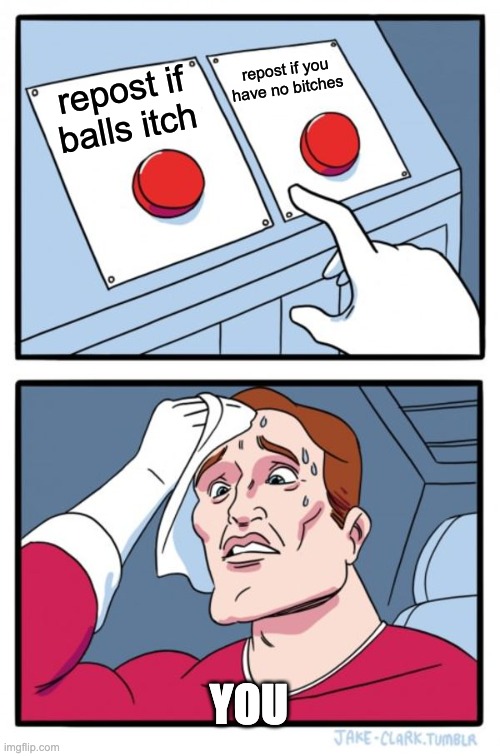 Two Buttons | repost if you have no bitches; repost if balls itch; YOU | image tagged in memes,two buttons | made w/ Imgflip meme maker