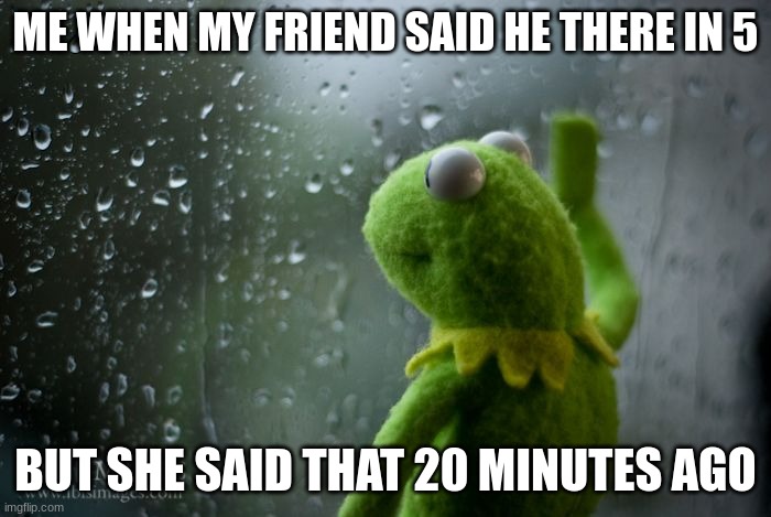Relate? | ME WHEN MY FRIEND SAID HE THERE IN 5; BUT SHE SAID THAT 20 MINUTES AGO | image tagged in kermit window | made w/ Imgflip meme maker