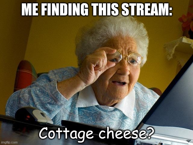 cottage chez mod note: ya best get ready for initiation boy. owner note: yo welcome to the club | ME FINDING THIS STREAM:; Cottage cheese? | image tagged in memes,grandma finds the internet | made w/ Imgflip meme maker