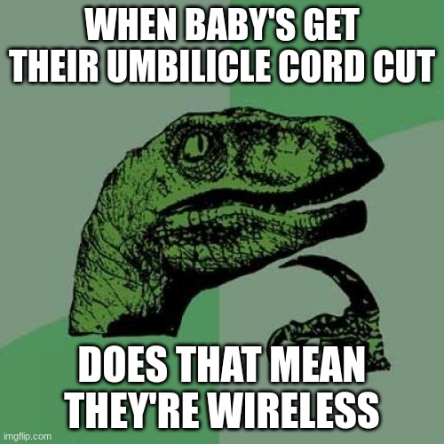 Philosoraptor | WHEN BABY'S GET THEIR UMBILICLE CORD CUT; DOES THAT MEAN THEY'RE WIRELESS | image tagged in memes,philosoraptor | made w/ Imgflip meme maker
