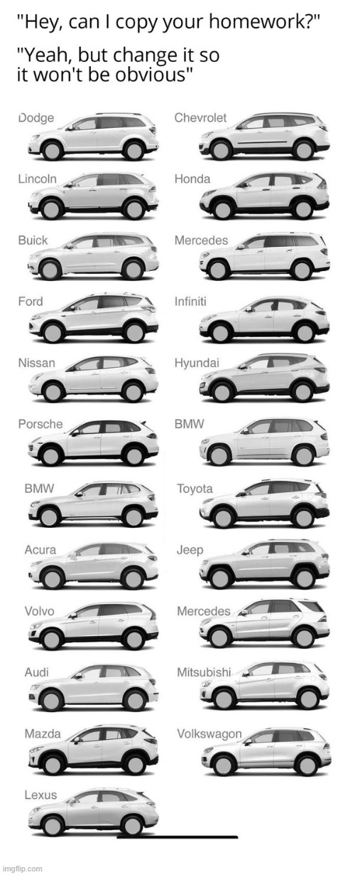 car companies in a nutshell | image tagged in car,hey can i copy your homework,yes,so true | made w/ Imgflip meme maker