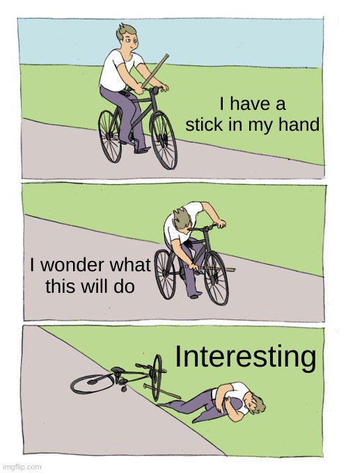 Such a stupid idea though | I have a stick in my hand; I wonder what this will do; Interesting | image tagged in memes,bike fall | made w/ Imgflip meme maker