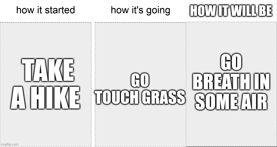 The future saying | HOW IT WILL BE; GO BREATH IN SOME AIR; GO TOUCH GRASS; TAKE A HIKE | image tagged in how it started vs how it's going | made w/ Imgflip meme maker
