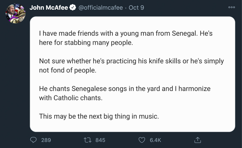 John McAfee tweet Senegalese Stabby McStabbins Blank Meme Template