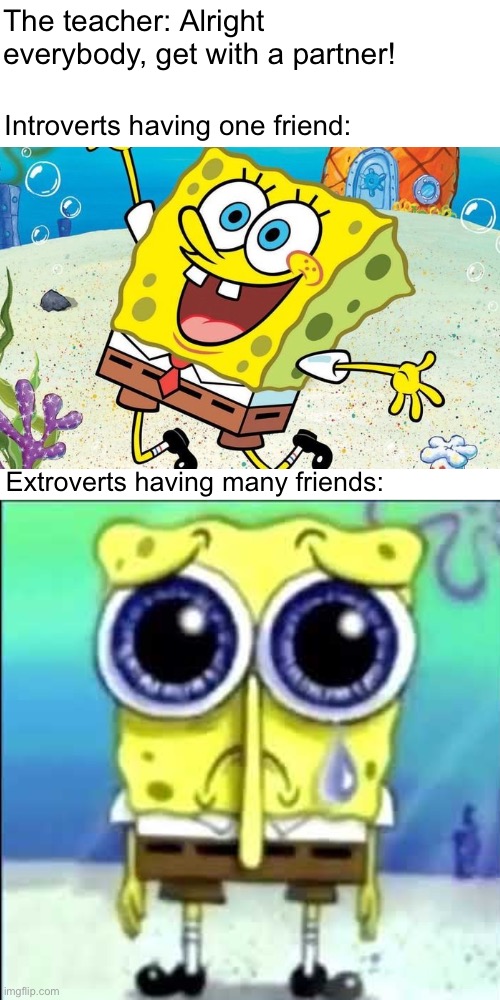 This took longer than I thought. | The teacher: Alright everybody, get with a partner! Introverts having one friend:; Extroverts having many friends: | image tagged in memes,funny memes,introverts,extrovert,school meme | made w/ Imgflip meme maker