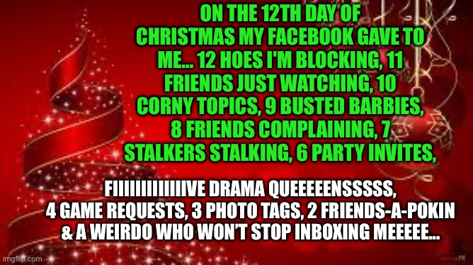 12 days of Christmas | ON THE 12TH DAY OF CHRISTMAS MY FACEBOOK GAVE TO ME… 12 HOES I'M BLOCKING, 11 FRIENDS JUST WATCHING, 10 CORNY TOPICS, 9 BUSTED BARBIES, 8 FRIENDS COMPLAINING, 7 STALKERS STALKING, 6 PARTY INVITES, FIIIIIIIIIIIIIVE DRAMA QUEEEEENSSSSS, 4 GAME REQUESTS, 3 PHOTO TAGS, 2 FRIENDS-A-POKIN & A WEIRDO WHO WON’T STOP INBOXING MEEEEE... | image tagged in from the laica's merry christmas | made w/ Imgflip meme maker
