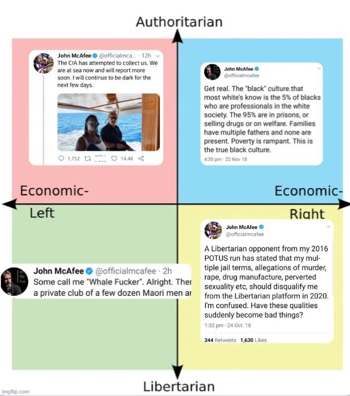 John McAfee political compass | image tagged in john mcafee political compass | made w/ Imgflip meme maker