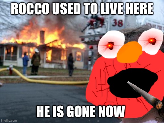 RIP rocco | ROCCO USED TO LIVE HERE; HE IS GONE NOW | image tagged in memes,disaster girl | made w/ Imgflip meme maker